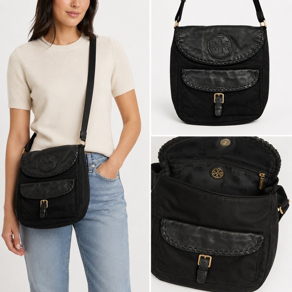Tory Burch Black Crossbody Shoulder Bag with Leather Trim